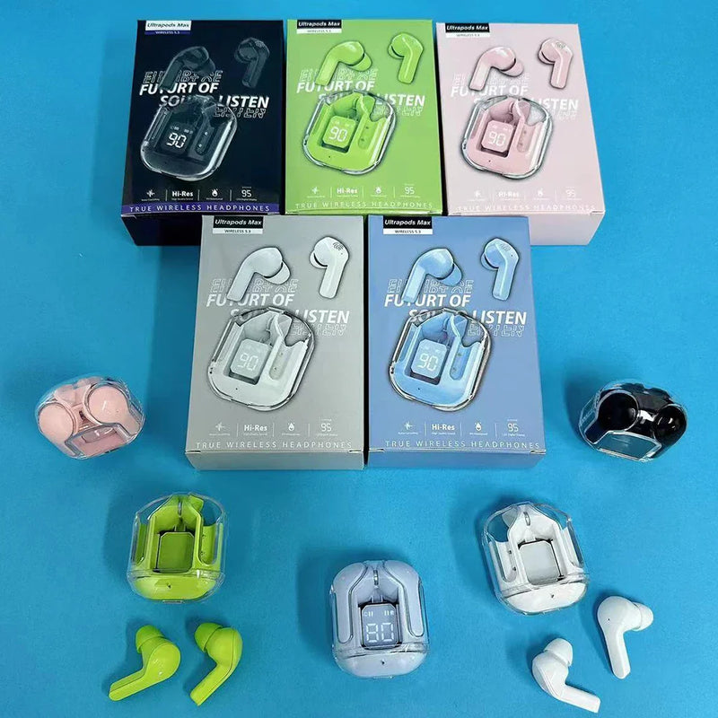 Wireless Bluetooth headset AIR31 by Electronics Den with in-ear design and charging case, black color, on a white background.