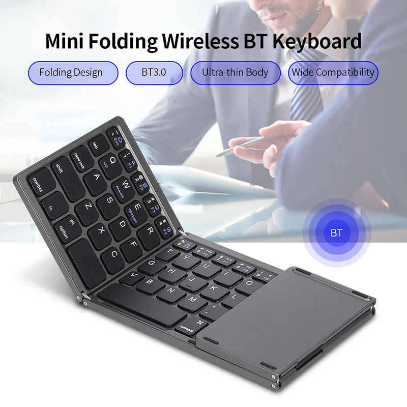 Wireless Bluetooth foldable keyboard with 64 keys, rechargeable design, portable and suitable for electronic devices.