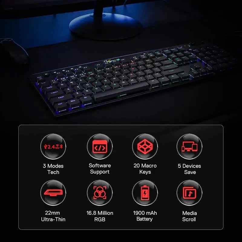 Wireless RGB mechanical keyboard K618 Horus by Electronics Den with colorful backlit keys and sleek black design.