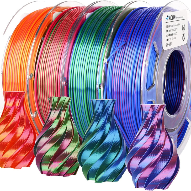 Amolen PLA Silk Dual Color 3D printing filament pack with four 200g spools of 1.75mm filament in vibrant colors.