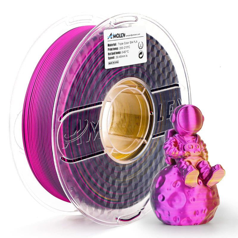 Amolen PLA Silk Triple Color 1.75mm filament, 1kg spool, featuring gold, fuchsia, and black colors, for 3D printing projects