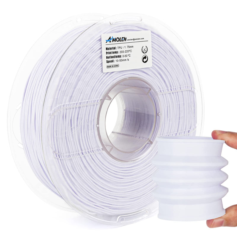 White TPU filament spool by Amolen, 1.75mm, 1kg, suitable for 3D printing with flexible, durable material.