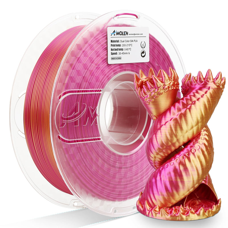 Amolen PLA Silk dual color filament in gold and fuchsia, 1.75mm, 1kg spool, shiny and smooth 3D printing filament