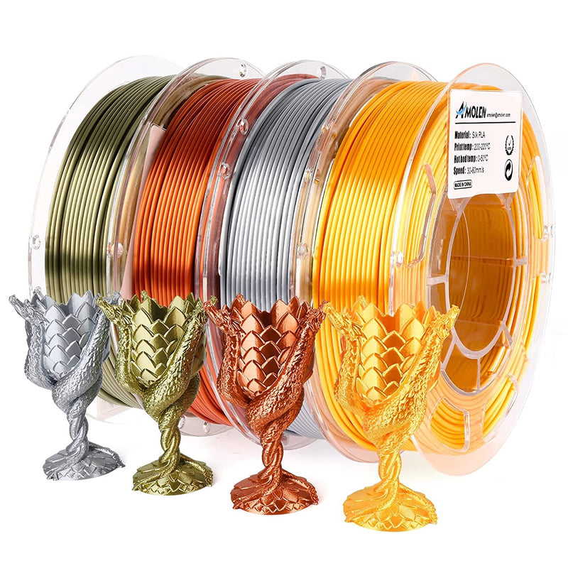 Amolen PLA Silk Basic Variety Pack with four 200g spools of 1.75mm filament, ideal for 3D printing projects.