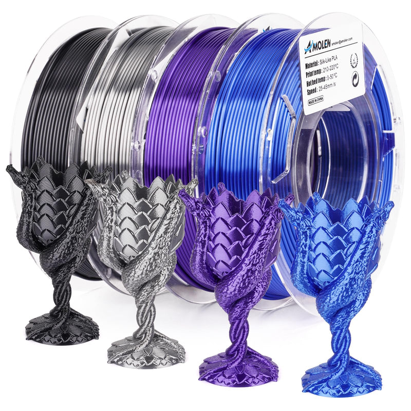 Set of four 200g Amolen PLA Silk Basic Variety Pack filaments in black, sapphire blue, purple, and silver grey, 1.75mm diameter.