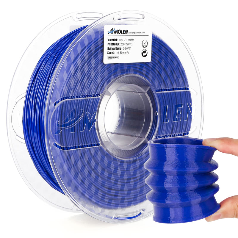 Blue TPU filament spool from Amolen, 1.75mm, 1kg, used for 3D printing with flexible, durable material.