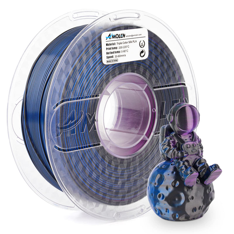 Amolen PLA Silk triple color 1.75mm filament in black, blue, and purple, 1kg spool for 3D printing.
