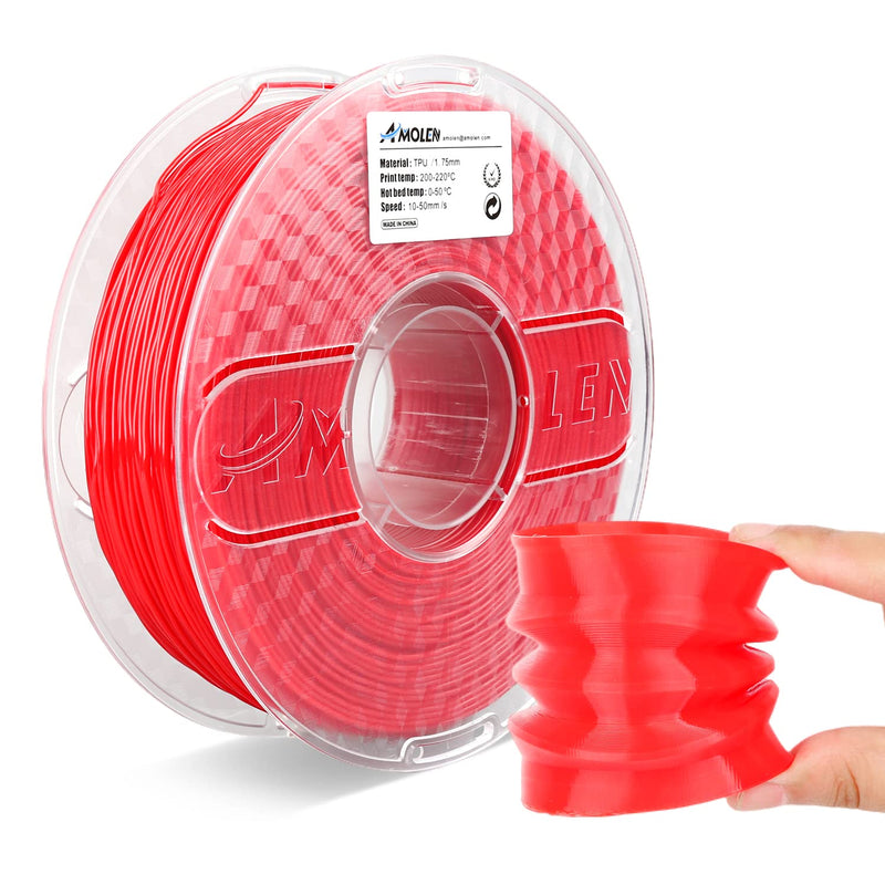 Red Amolen TPU Basic 1.75mm filament 1KG spool for 3D printing, showing the vibrant filament coil in the image.