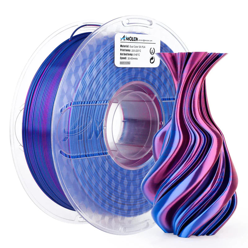 Amolen PLA Silk dual color filament in blue and red, 1.75mm, 1kg spool, showcasing vibrant color blending for 3D printing.