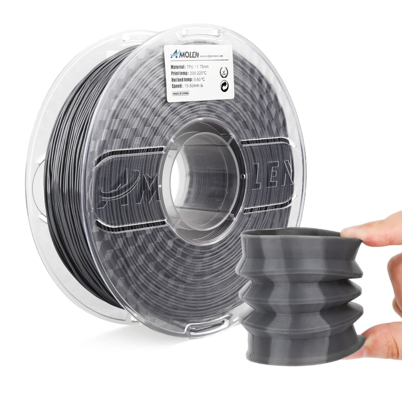 Gray Amolen TPU Basic 1.75mm filament spool, 1kg, flexible 3D printing filament with durable thermoplastic polyurethane material.
