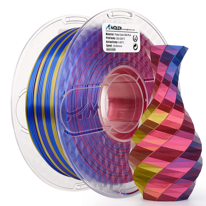 Amolen PLA Silk triple color 1.75mm filament in red, yellow, and blue for 3D printing, shiny and vibrant.