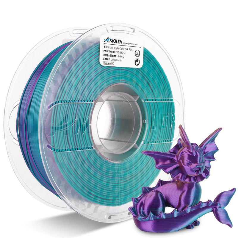 Amolen PLA Silk triple color 1.75mm 1kg spool showing purple, blue, green, and burnt orange filament for 3D printing.