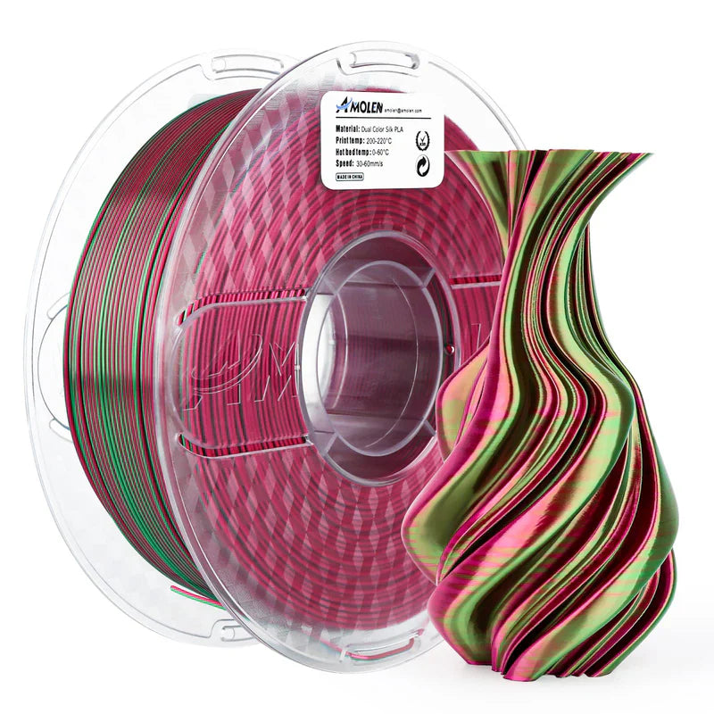 Amolen PLA silk dual color filament 1.75mm in red and green, 1kg spool for 3D printing, showing the twisted filament on the reel.