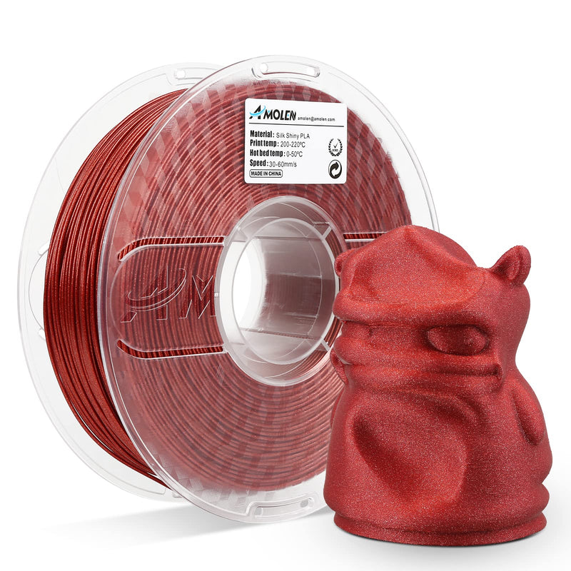 Red Amolen PLA Galaxy filament spool with a shiny, sparkling finish, 1.75mm diameter, 1KG weight, suitable for 3D printing.