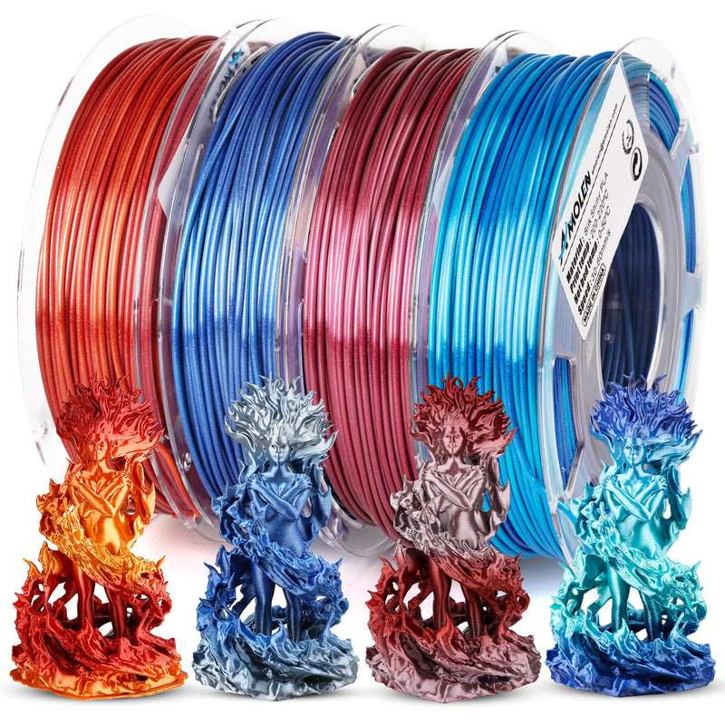 Amolen PLA Silk Shiny Gradient 4-pack, 1.75mm filament spools with vibrant gradient colors for 3D printing projects.