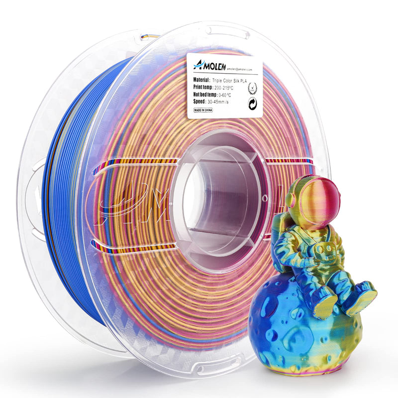 Amolen PLA Silk triple color 1.75mm filament in gold, fuchsia, and blue, 1kg spool for 3D printing.