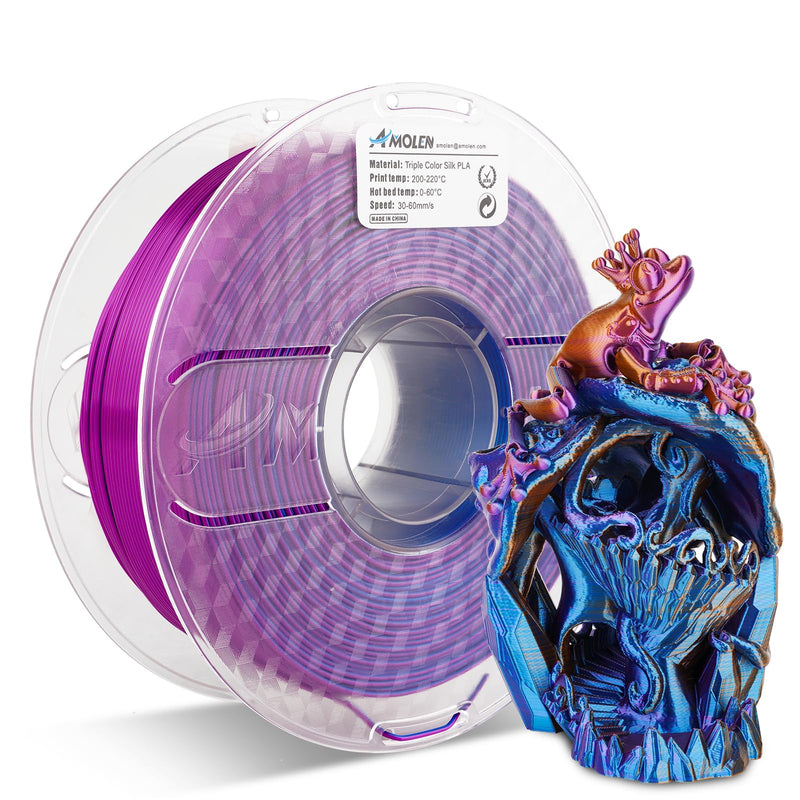 Amolen PLA Silk Triple Color 1.75mm filament spool showing blue, purple, and orange sections for 3-color 3D printing.