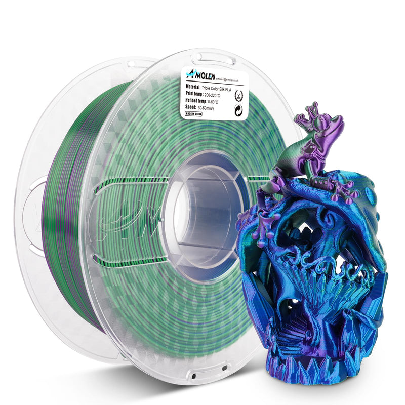 Amolen PLA Silk triple color 1.75mm filament in blue, green, and purple for 3D printing, shown in the image.