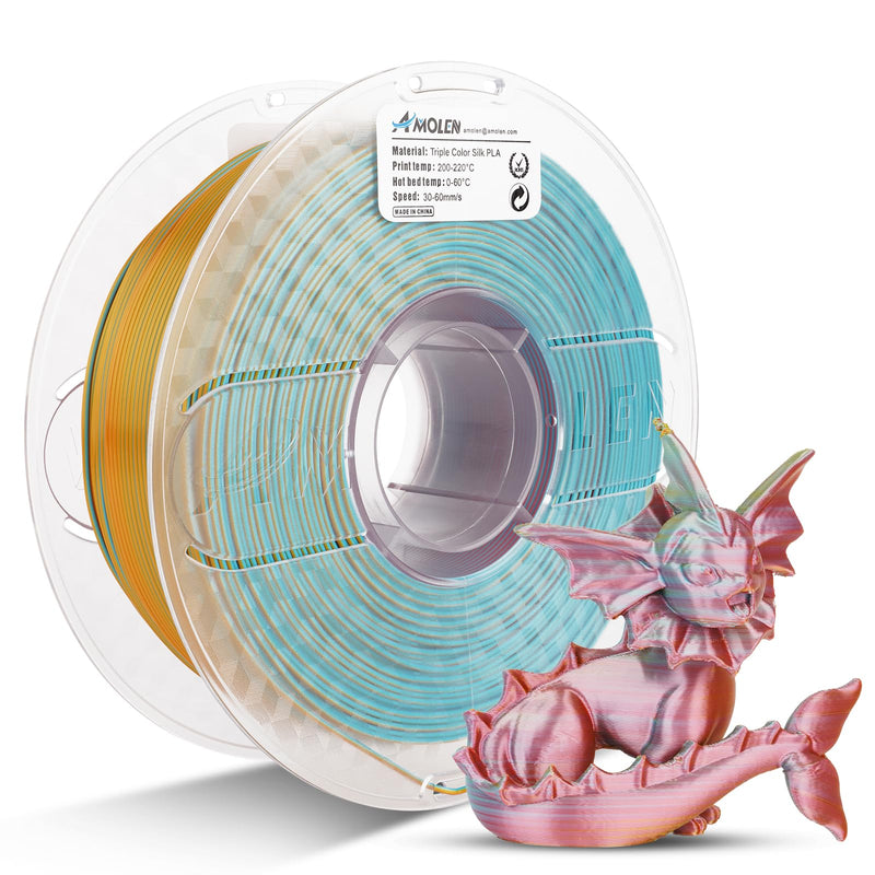 Amolen PLA Silk triple color 1.75mm filament in turquoise, coral, and gold, 1kg spool for 3D printing.