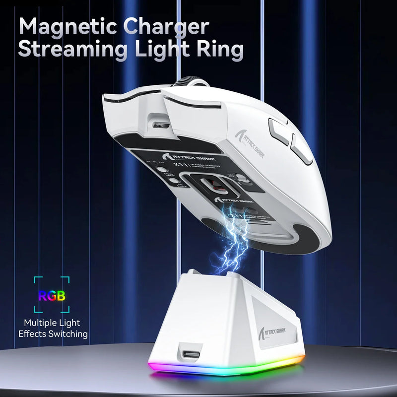 Electronics Den gaming mouse with Tri-Mode connection, 22000 DPI, RGB lighting, wired, 2.4GHz, Bluetooth, and PAW3311 sensor.