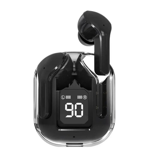 Wireless Bluetooth headset AIR31 by Electronics Den with sleek black earbuds and charging case on a white background.