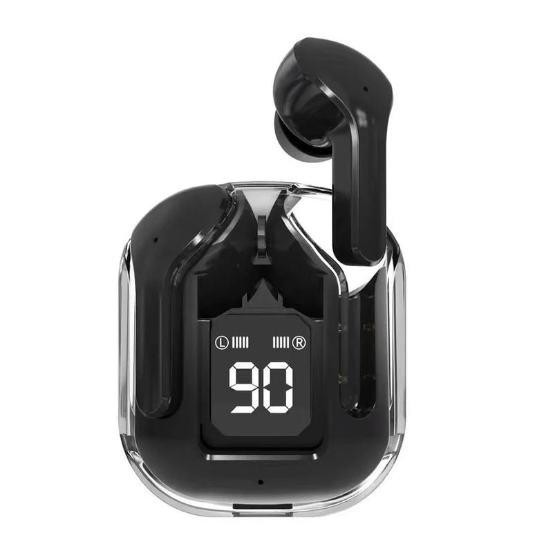 Wireless Bluetooth headset AIR31 by Electronics Den with sleek black earbuds and charging case on a white background.