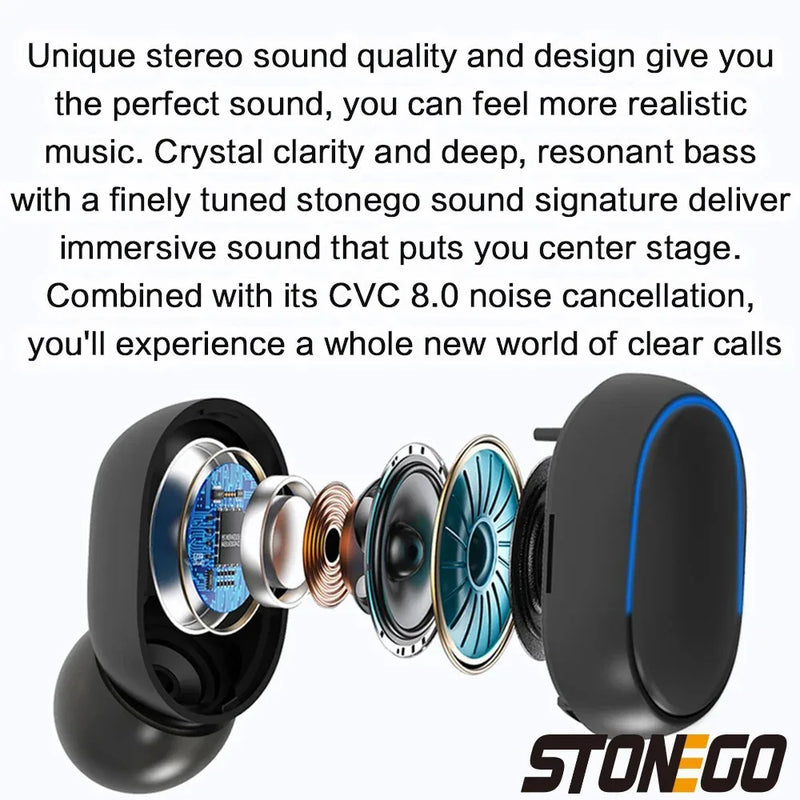 Wireless Bluetooth 5.0 earbuds by Electronics Den with sleek black design and compact charging case.