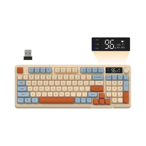 Wireless gaming keyboard M96 from Electronics Den with RGB backlit keys and mechanical design on a desk.