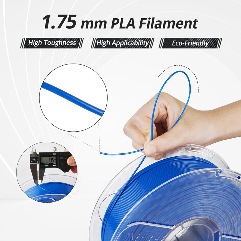Amolen PETG Basic Variety Pack with four 200g Sapphire Blue PLA filaments, showing colorful filament spools and packaging.