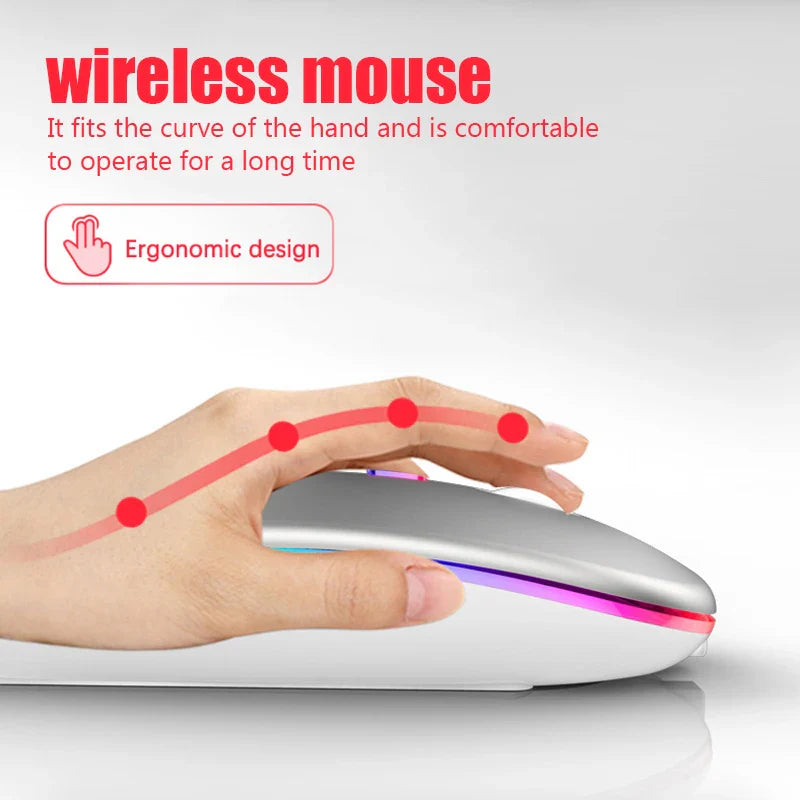 Wireless RGB rechargeable Bluetooth mouse by Electronics Den with ergonomic design and colorful lighting effects.