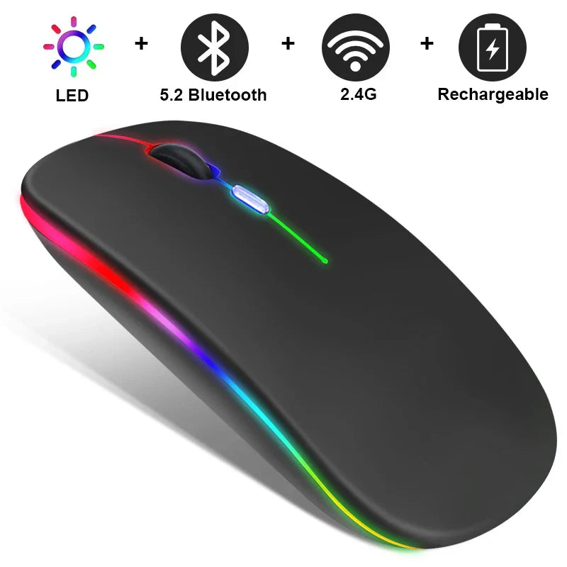 Wireless RGB rechargeable Bluetooth mouse from Electronics Den with ergonomic design and colorful lighting effects.