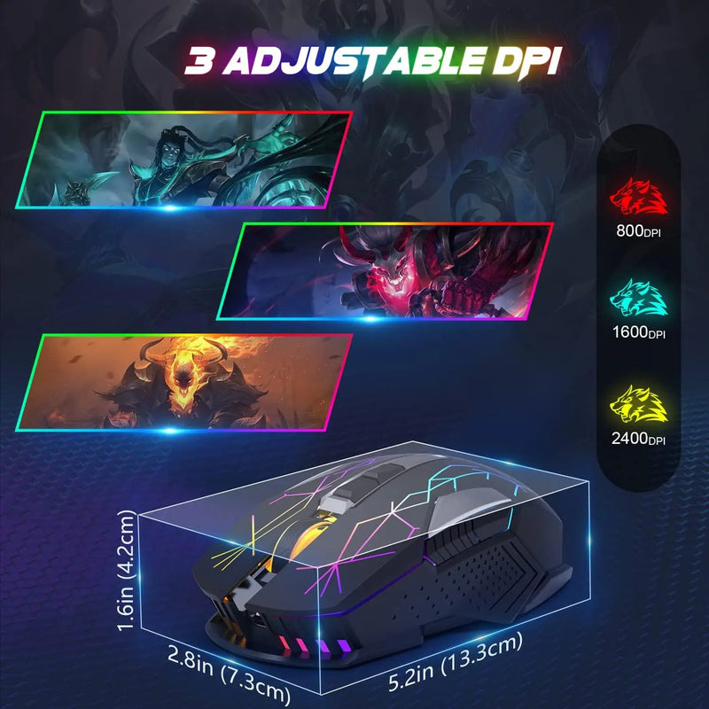 Wireless gaming mouse with 7 RGB lighting effects, X18 model by Electronics Den, featuring ergonomic design and 2.4G connectivity.