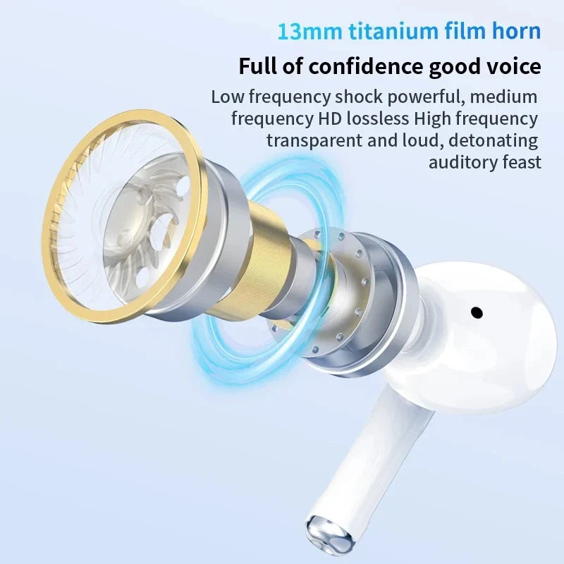 HiFi sound low latency noise reduction earbuds compatible with iPhone and Android, shown with charging case and earbuds.