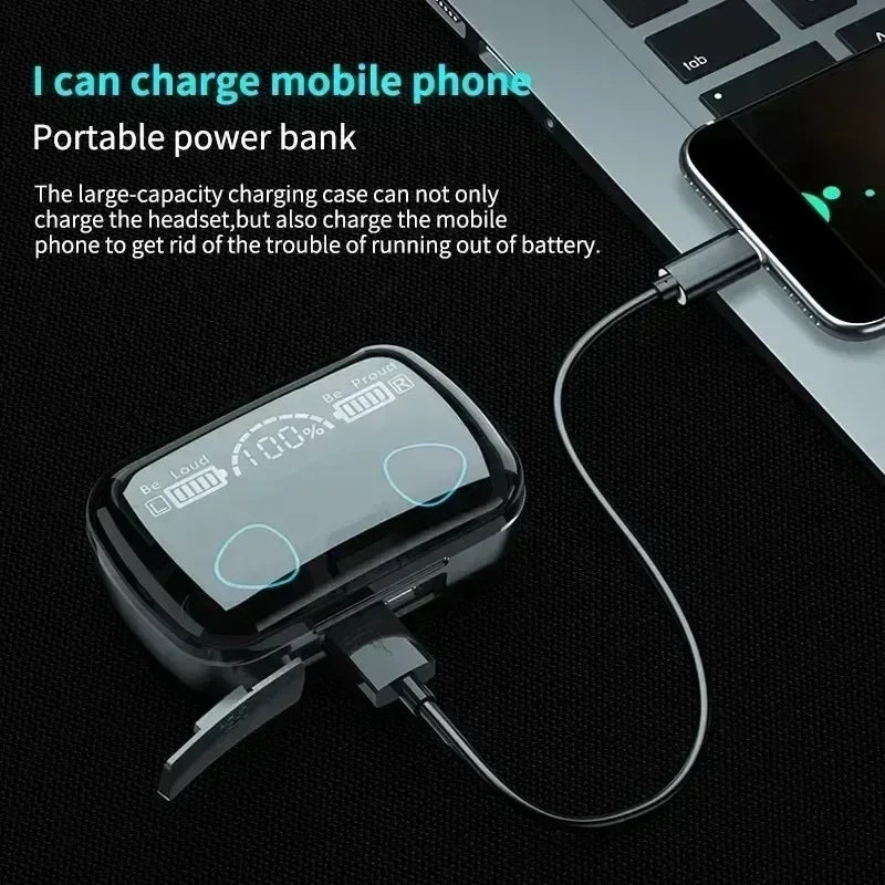 Wireless Bluetooth earphones from Electronics Den with sleek design and in-ear fit, M10 model for portable audio listening.