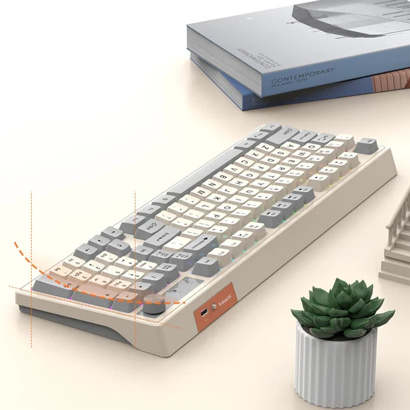 Wireless 98-key keyboard with rainbow backlit lighting, compact design from Electronics Den, ideal for gaming and typing.