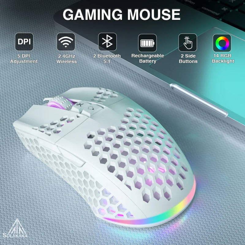 Wireless gaming mouse with three connection modes, featuring ergonomic design and customizable buttons from Electronics Den.