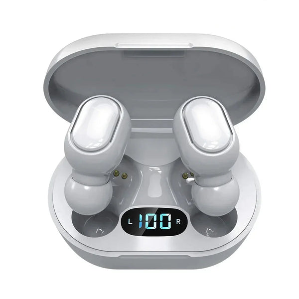 Wireless Bluetooth 5.0 earbuds from Electronics Den with sleek black design and charging case, shown in close-up view.