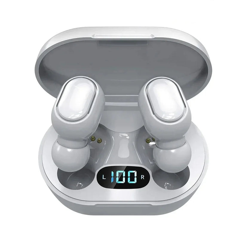 Wireless Bluetooth 5.0 earbuds from Electronics Den with sleek black design and charging case, shown in close-up view.