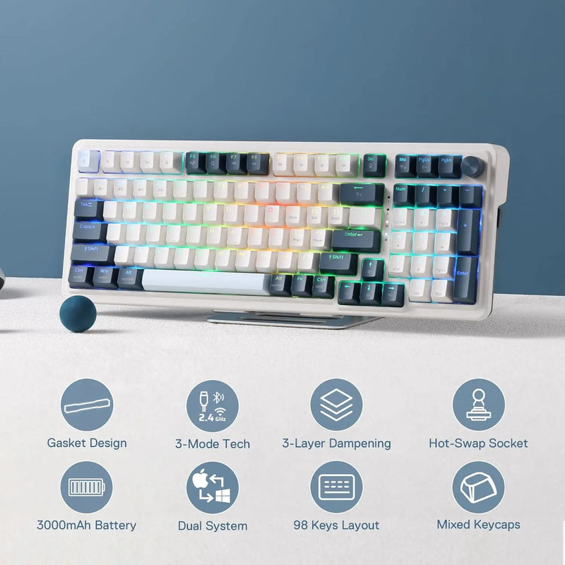 Wireless RGB gaming mechanical keyboard with 98 keys, gasket design, and three connectivity modes by Electronics Den.