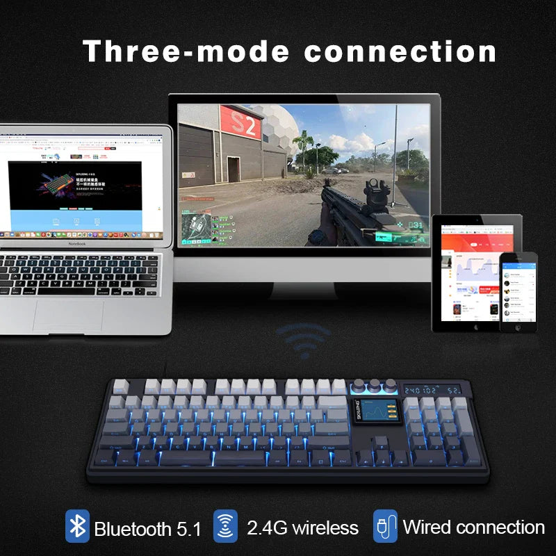 Wireless mechanical keyboard with PBT keycaps, 3.0 screen, three knobs, hot-swappable silent switches from Electronics Den.