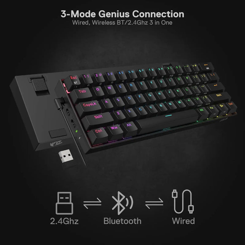 Electronics Den K530 Pro Draconic 60% wireless mechanical keyboard with RGB backlit keys and 3-mode connectivity.
