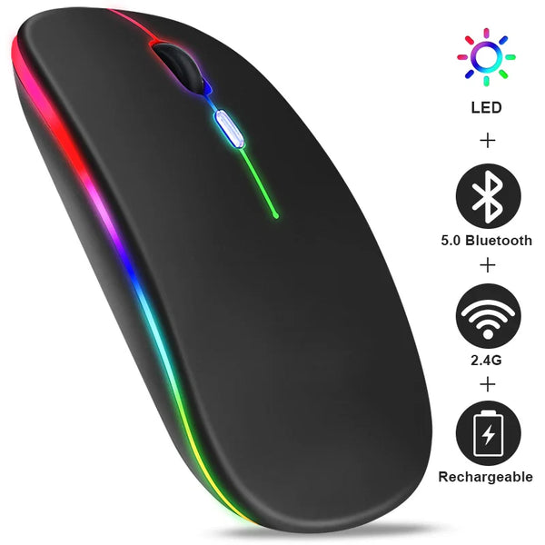 Wireless RGB rechargeable Bluetooth mouse from Electronics Den with ergonomic design and colorful lighting features.