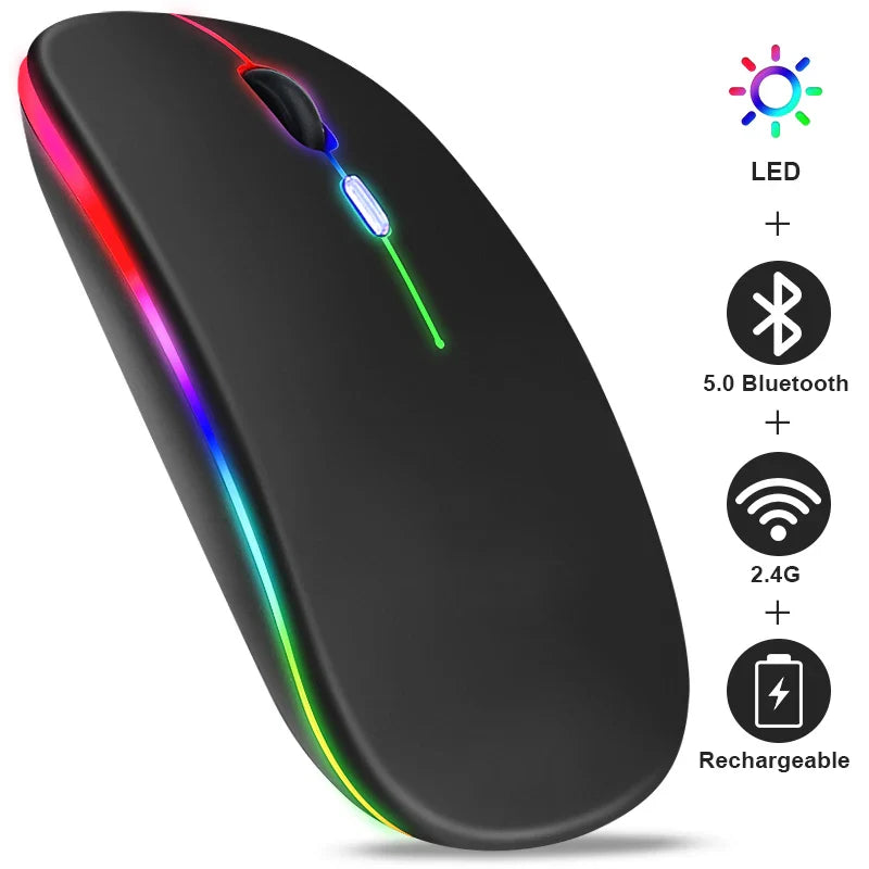 Wireless RGB rechargeable Bluetooth mouse from Electronics Den with ergonomic design and colorful lighting features.