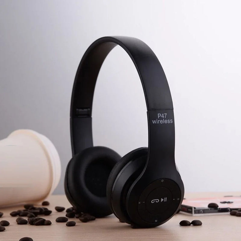 Wireless Bluetooth-compatible P47 headphone by Electronics Den with over-ear design and built-in microphone, black color.