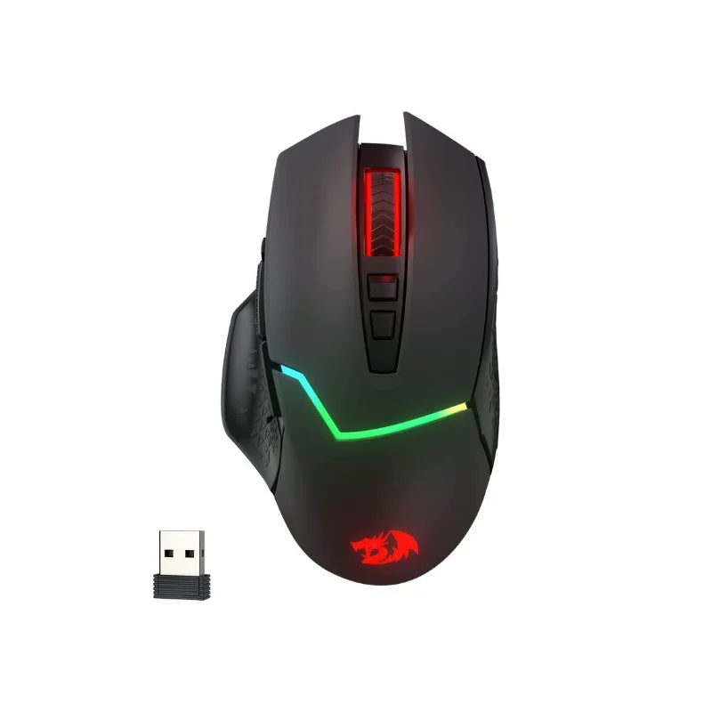 Electronics Den M690 PRO wireless gaming mouse with ergonomic design, customizable buttons, and RGB lighting on a black surface.