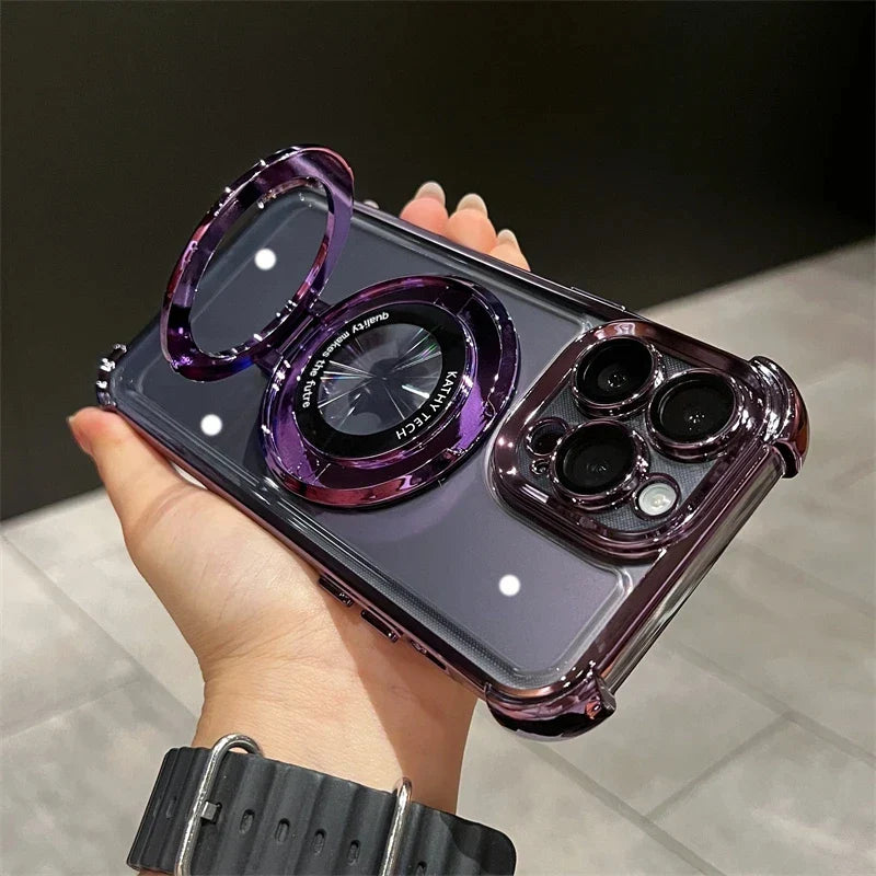VNSPORT wireless charging MagSafe ring bracket case for iPhone 11-16 Pro Max, transparent magnetic bumper cover with ring holder.