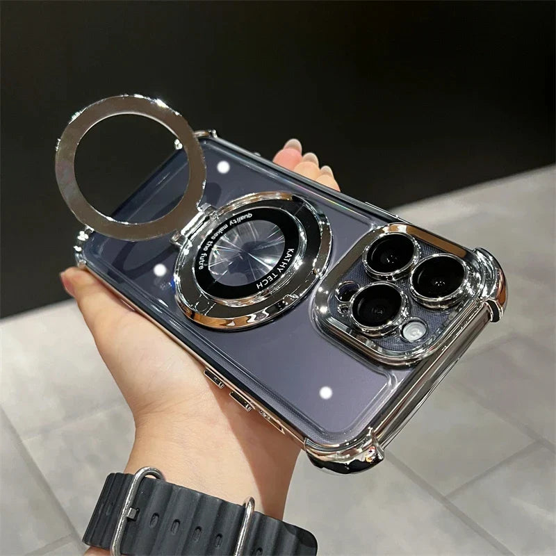 VNSPORT wireless charging MagSafe ring bracket case for iPhone 11 to 16 Pro Max, transparent magnetic bumper cover.