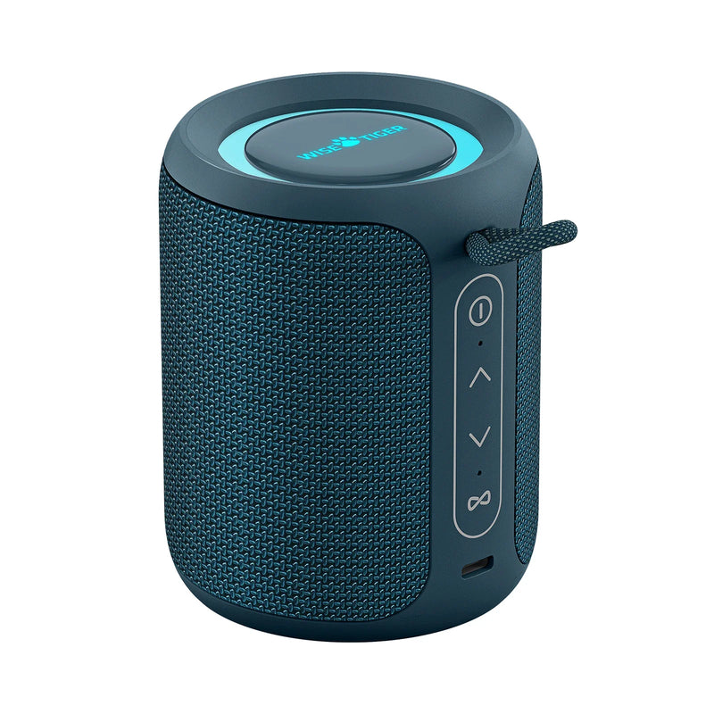 Mini portable wireless speaker by Electronics Den, compact design with sleek black finish, showing front view with control buttons.