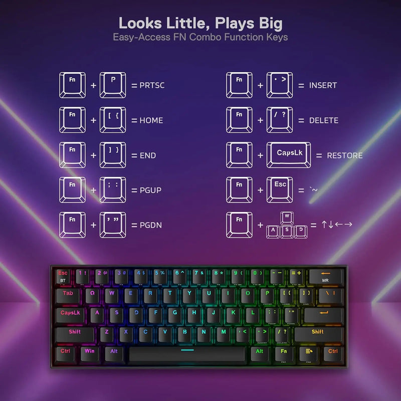 Electronics Den K530 Pro Draconic 60% wireless mechanical keyboard with RGB backlit keys and compact design.