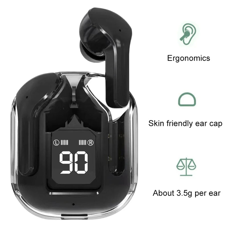 Wireless Bluetooth headset AIR31 by Electronics Den with in-ear design and compact charging case, shown in black.